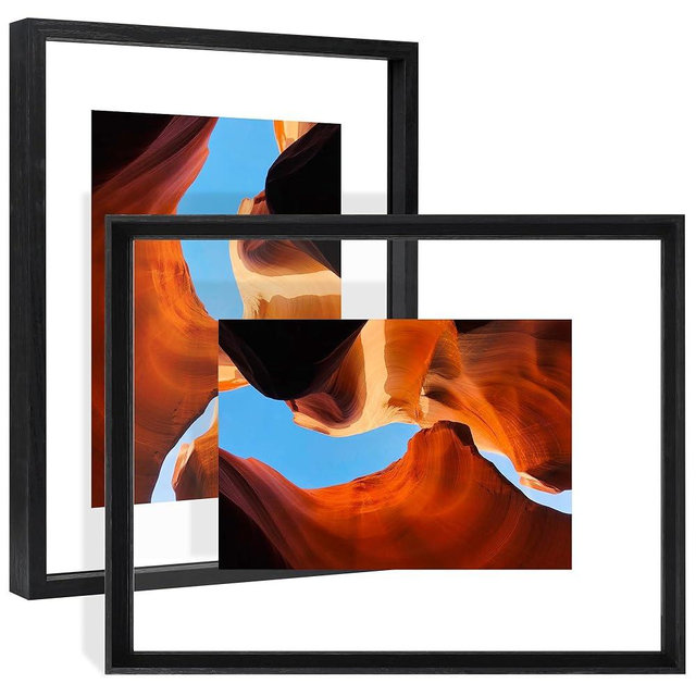 YOTINTIN 11x14 Floating Frames 2 Pack Wooden Photo Frame Double Sided Glass Picture Frame for Any Size Picture up to 11x14, Wall Mount or Tabletop Displays, Bevel Face+Plane Edge Frames, Black