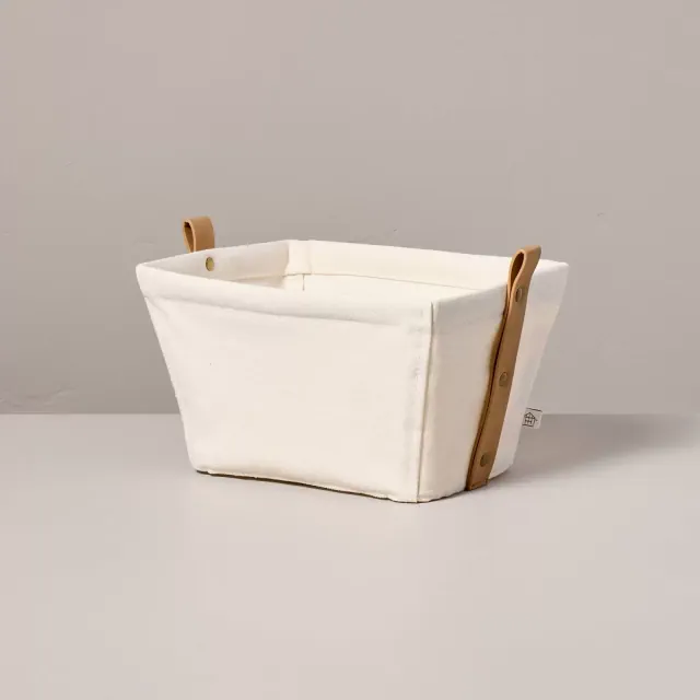 Decorative Canvas Storage Bin with Faux Leather Strap Handles Cream/Tan - Hearth & Hand™ with Magnolia