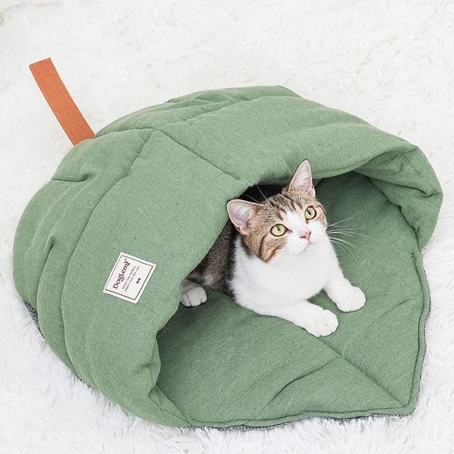 Cat Sleeping Bag , Linen Fabric Cat Bed Cave Leaf Nest Pet Cuddle Zone Covered Hide Hood Burrowing Cozy Soft Durable Washable with Non-Slip Bottom for Indoor Puppy and Kitten (Green)