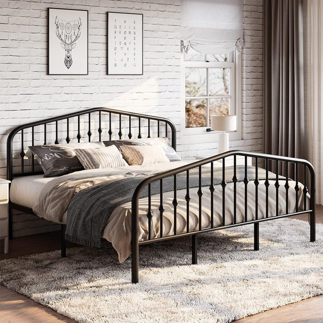 SHA CERLIN King Size Metal Platform Bed Frame with Victorian Style Wrought Iron-Art Headboard/Footboard, No Box Spring Required, Black