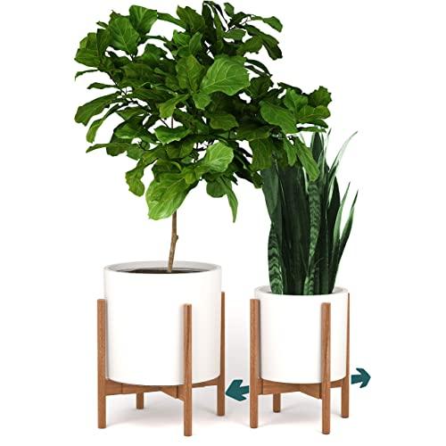 Fox & Fern Mid Century Plant Stand - Bamboo Adjustable Planter 11 to 15 Inch in Width – EXCLUDING White Ceramic Pot – Retro, Modern, Expandable Raised Plant Holder for Indoors – Easy Assembly