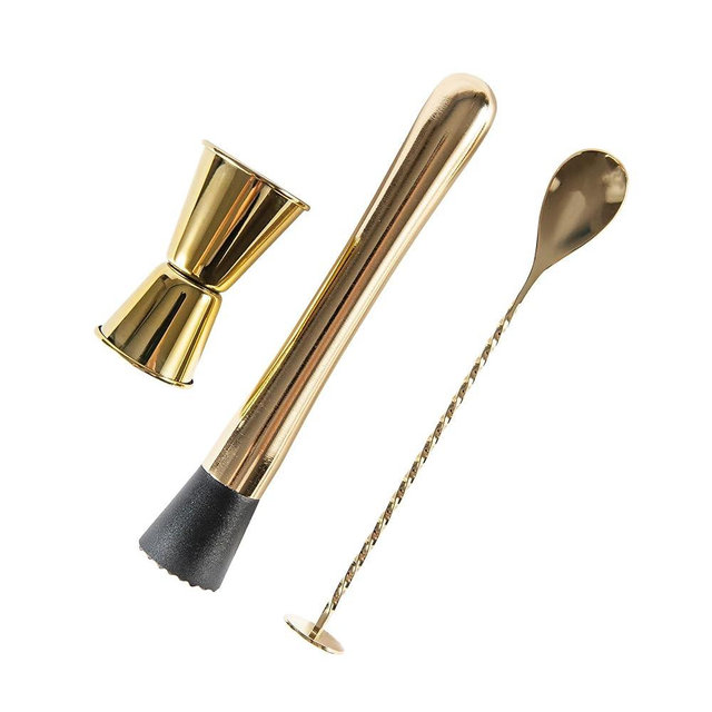 JNWINOG 3-Pcs Gold Muddler & Mixing Tools Set, 10" Muddler, 12" Cocktail Spoon & 1 oz/2 oz Double Jigger, Bar Tool Set for Beverages