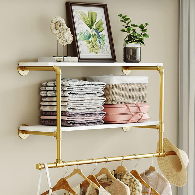 MAIKAILUN Gold Wall Mounted Clothes Rack with 2 Tier Shelves, 42" Long, Heavy Duty Iron and Wood Construction, Ideal for Clothes, Laundry Room