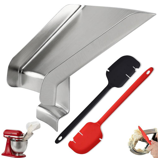 EasyBlend Pouring Chute for KitchenAid Mixer & Flour Funnel for Kitchen Aid Mixer – Silicone Spatula – Accessories & Attachments for 4.5-7Qt Tilt-Head Stand Mixers, 3-Piece w/ 2 Spatulas