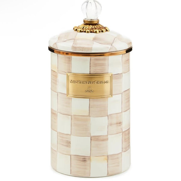 MACKENZIE-CHILDS Large Enamel Canister, Kitchen Storage Container with Lid, Brown-and-White Mocha Check