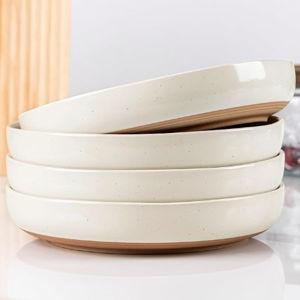 AmorArc 8.75'' Large Ceramic Pasta Bowls, 36oz Handpainted Stoneware Bowls Set of 4, Microwave&Dishwasher Safe Bowls with Wavy Rim&Rustic Terracotta Underside for Pasta Salad, Light Beige