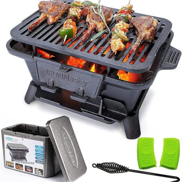 IronMaster Hibachi Grill Outdoor, Small Portable Charcoal Grill, 100% Pre-Seasoned Cast Iron, Japanese Yakitori Camping Grill - 2 Heights, Air Control, Coal Door + Carrying case
