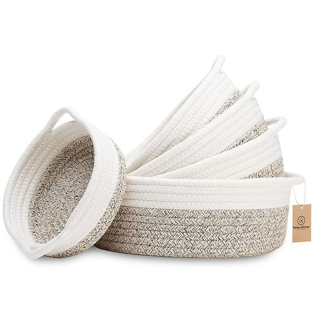 NaturalCozy 5-Piece Round Small Woven Baskets Set - 100% Natural Cotton Rope Baskets! Key Tray, Kids Montessori Toys, Bowl for Entryway, Jewelry Remote Fruits Desk Home Decor Shallow Catchall Baskets