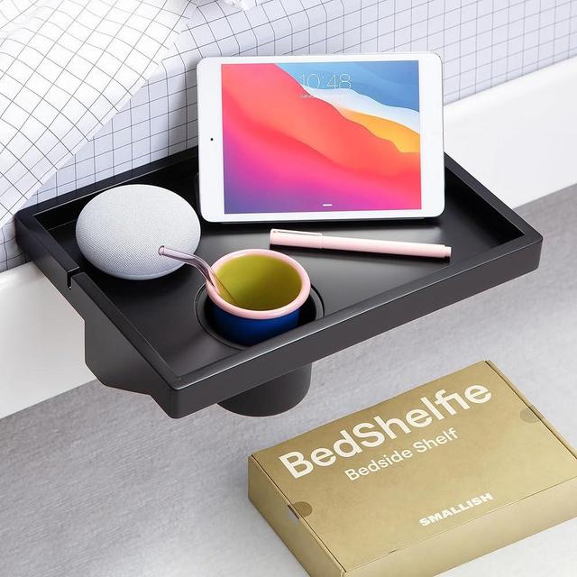 BedShelfie Bedside Shelf for Bunk Bed & Top Bunk, College Dorm Room Essentials, Loft Bed Accessories, Clip On Nightstand Snack Organizer, Floating Bed Side Table Tray Storage - Wood Black Cup Holder