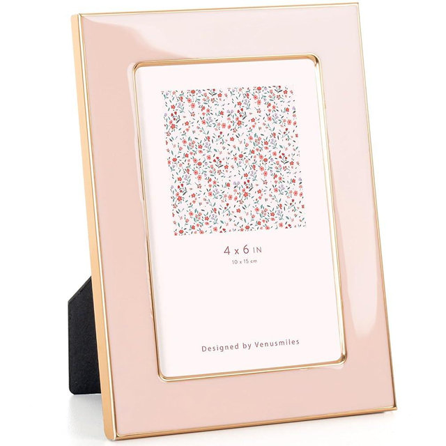 Venusmiles 4x6 Enamel Picture Frame, Gold Metal Edge with Easel, Real Glass Photo Frame for Wall and Tabletop Display Family Office Photo Gallery, Pink Enamel/1pc