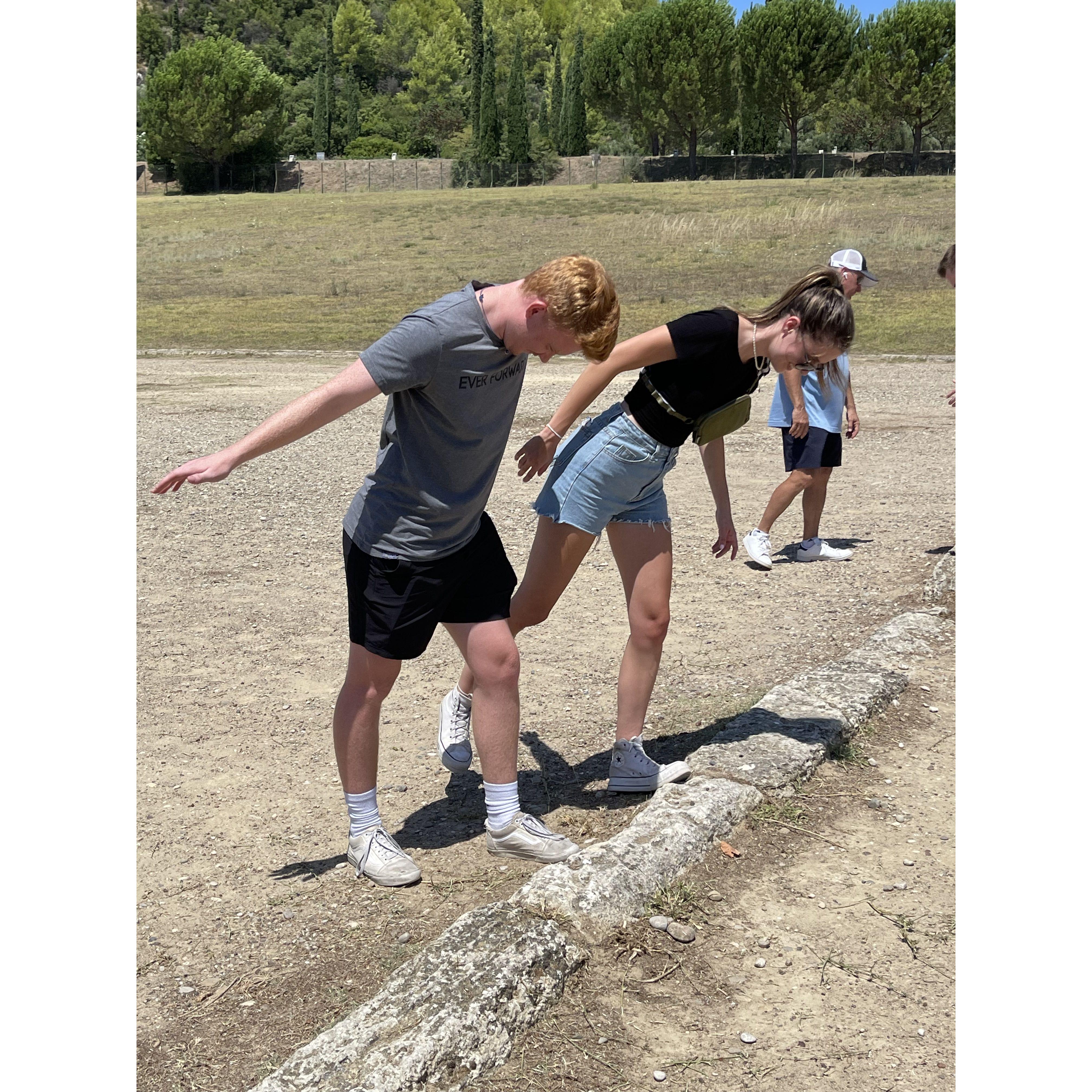About to run across the stadium at Olympia in Greece!