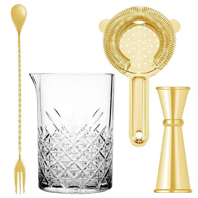 Homestia 4 Pcs Crystal Mixing Glass Set includes 24oz Thick Bottom Seamless Mixing Glass, Cocktail Strainer, Double Jigger, Muddle Spoon Bar Kit Gift Set, Gold