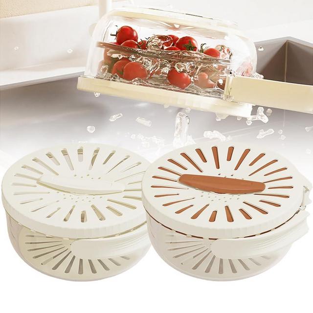 Fruit Strainer Container with Lid, Multifunctional Fruit and Vegetable Washing Bowl 2 in 1 Draining Preservation Basket, Fruit Vegetable Drainer Container with Foldable Handle Kitchen Tool (2PCS)