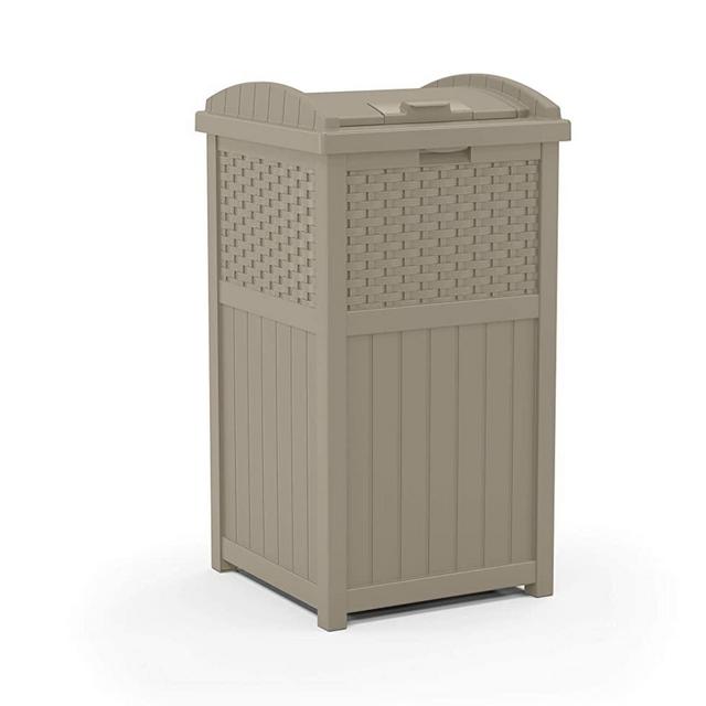 Suncast 33 Gallon Hideaway Trash Can for Patio - Resin Outdoor Trash with Lid - Use in Backyard, Deck, or Patio - Dark Taupe