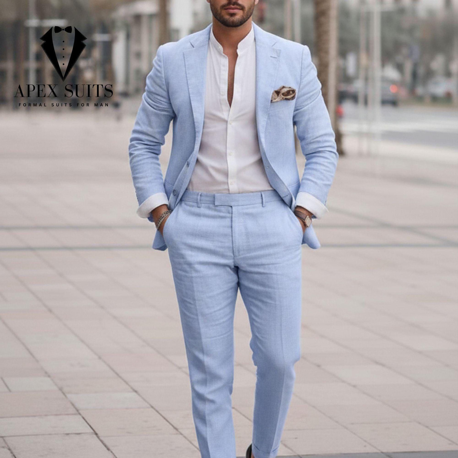 Sky Blue Linen Suit (Etsy) · $40.00 breathable and soft, ideal if you want a lighter, summer feel.