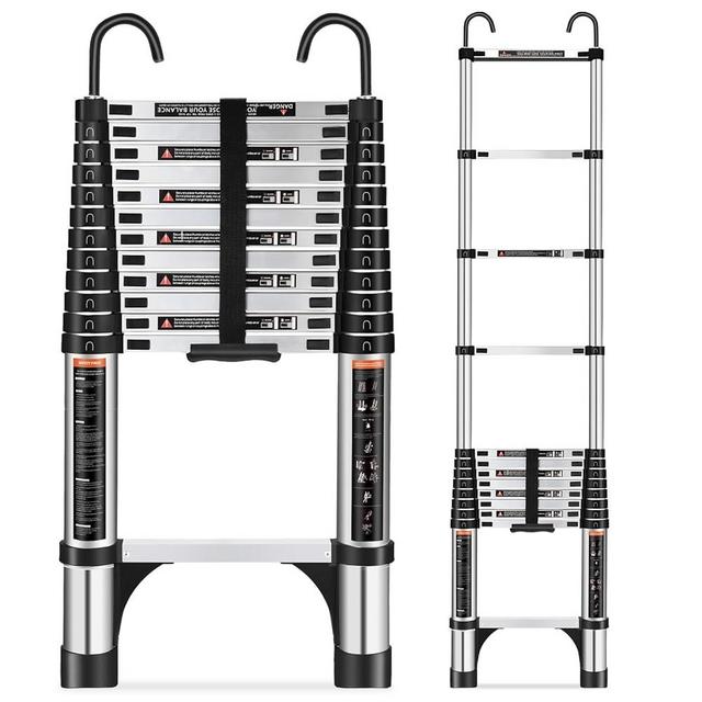 HBTower Telescoping Ladder, 12.5 FT Aluminum Extension Ladder with 2 Detachable Hooks, Heavy Duty 330lbs Max Capacity, Multi-Purpose Collapsible Ladder for RV, Household and Outdoor Working