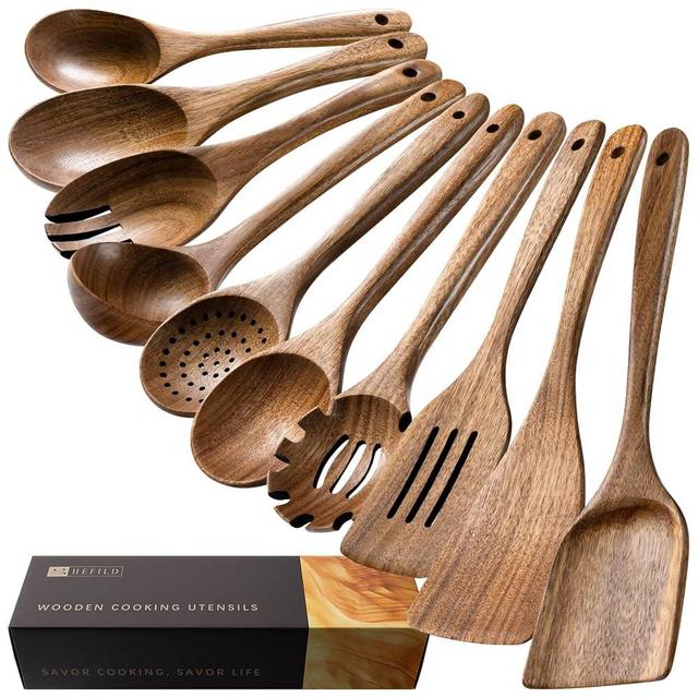 Hefild Wooden Spoons for Cooking, Nonstick Cooking Utensil Set with 10 Piece Acacia Wooden Spatulas and Spoons for Cooking, Terrific for Everyday Kitchen Tasks