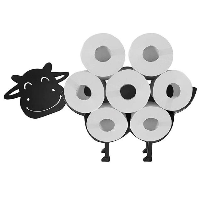 Cow Toilet Paper Roll Holder, FLMOUTN Cute Black Cow Toilet Paper Holder, Fun Metal Free Standing or Wall Mounted Bathroom Tissue Storage, 7 Rolls
