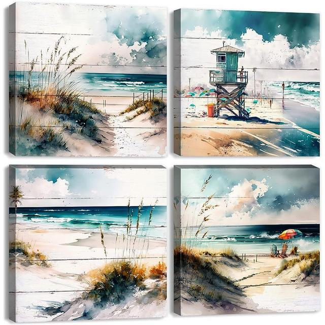 Teal Blue Beach Scenery Wall Art Vintage Beach Wall Decor for Bathroom Bedroom Ocean Pictures Watercolor Coastal Painting Nature Seascape Canvas Modern Artwork Living Room Home Decorations 16x16" 4Pcs
