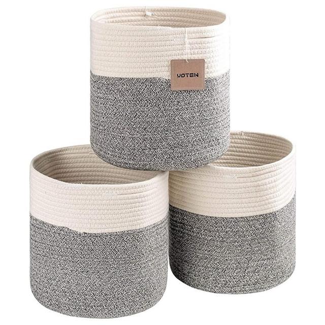 voten Storage Cubes Baskets Bins Organizer 11x11x11'' Fit 12x12''Cube Storage Organizer Bookcases Shelves,Durable Woven Cotton Storage Basket for Organizing,Round 3Pack Grey
