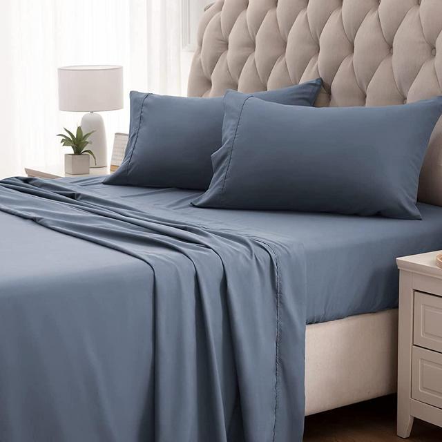SLEEP ZONE Super Soft Cooling Queen Bed Sheets Set 4 Piece - Easy Care Fitted Flat Sheet & Pillowcase Sets - Wrinkle Free, Fade Resistant, Deep Pocket 16" (Flint Blue, Queen)