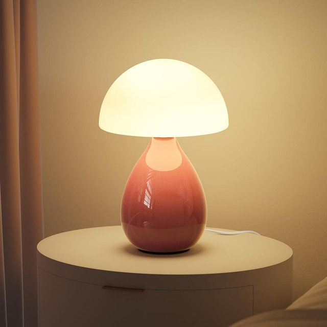 Mushroom Lamp, Vintage Small Table Lamp for Bedroom, Ice Crack Ceramic LED Night Light for Kids, Mid Century Modern Bedside Lamp for Nightstand, Living Room, Home Decor Gift Ideas for Women, Pink