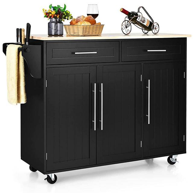Giantex Kitchen Island Cart, Rolling Trolley with Lockable Casters, 2 Large Drawers, 3 Door Storage Cabinet, Towel Handle, Knife Block, Kitchen Cart on Wheels for Dining Room Home Bar Use