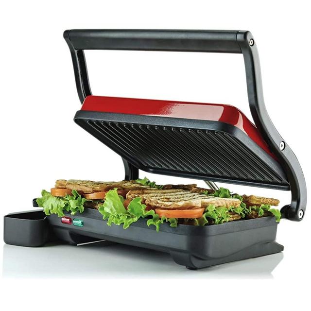 Ovente Electric Indoor Panini Press Grill with Non-Stick Double Flat Cooking Plate & Removable Drip Tray, Countertop Sandwich Maker Toaster Easy Storage & Clean Perfect for Breakfast, Red GP0620R