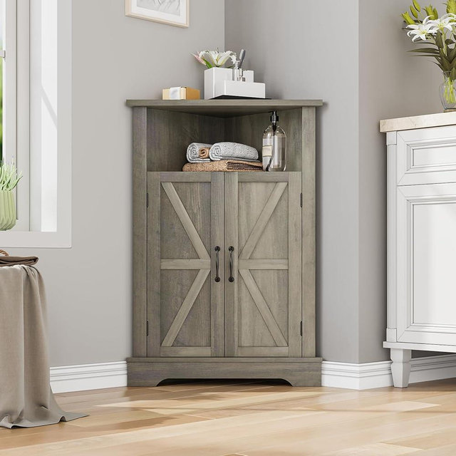 Mino Kesper Bathroom Corner Cabinet, Farmhouse Floor Corner Cabinet with Doors and Adjustable Shelves, Freestanding Wooden Storage Hutch Cupboard for Bathroom, Kitchen, Living Room,Grey