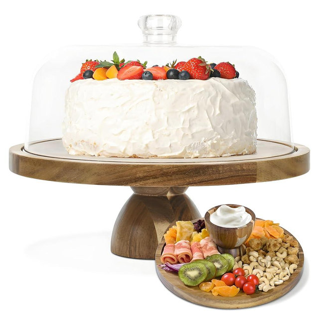 JOCHER Acacia Wood Cake Stand with Lid, 2-In-1 Cake Plate with Lid, 12in Round Dessert Table Display Set, Raise Dome for Charcuterie Board, Cheese, Chips & Dips, Nachos, Fruit Platter (12in)