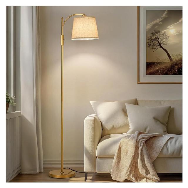 AIDENOEY Fully Dimmable Floor Lamp for Living Room，Standing Lamp Rotary Switch with Linen Beige Shade，Golden Tall Lamps for Bedroom with Adjust Head，9W LED Bulb Included