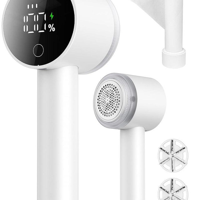 Fabric Shaver, 2 in 1 Rechargeable Sweater Shaver with Lint Roller, Magnetic Cap, Digital Display, 2 Extra Blades, Defuzzer for Clothing Furniture Couch
