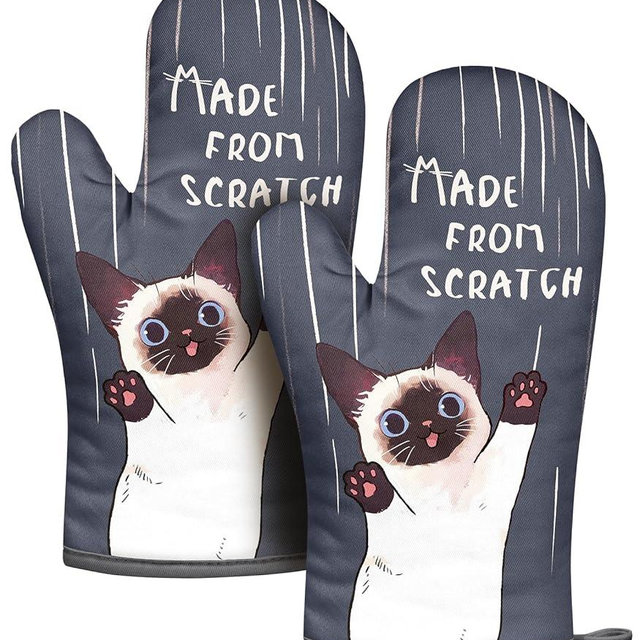 Slohif Funny Oven Mitt Heat Resistant for Women - 2 Pack Cat Cute Novelty Cool Kitchen Oven Mittens with 100% Cotton for Baking and Cooking Accessories