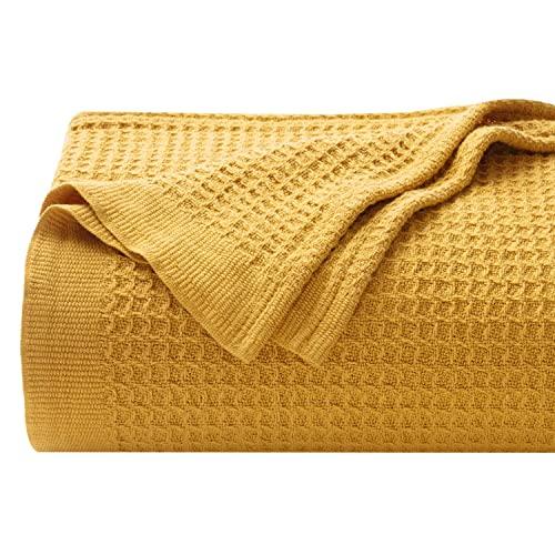 Bedsure 100% Cotton Thermal Blanket - 405GSM Soft Blanket in Waffle Weave for Home Decoration - Perfect for Layering Any Bed for All-Season - King Size (104" x 90"), Mustard Yellow