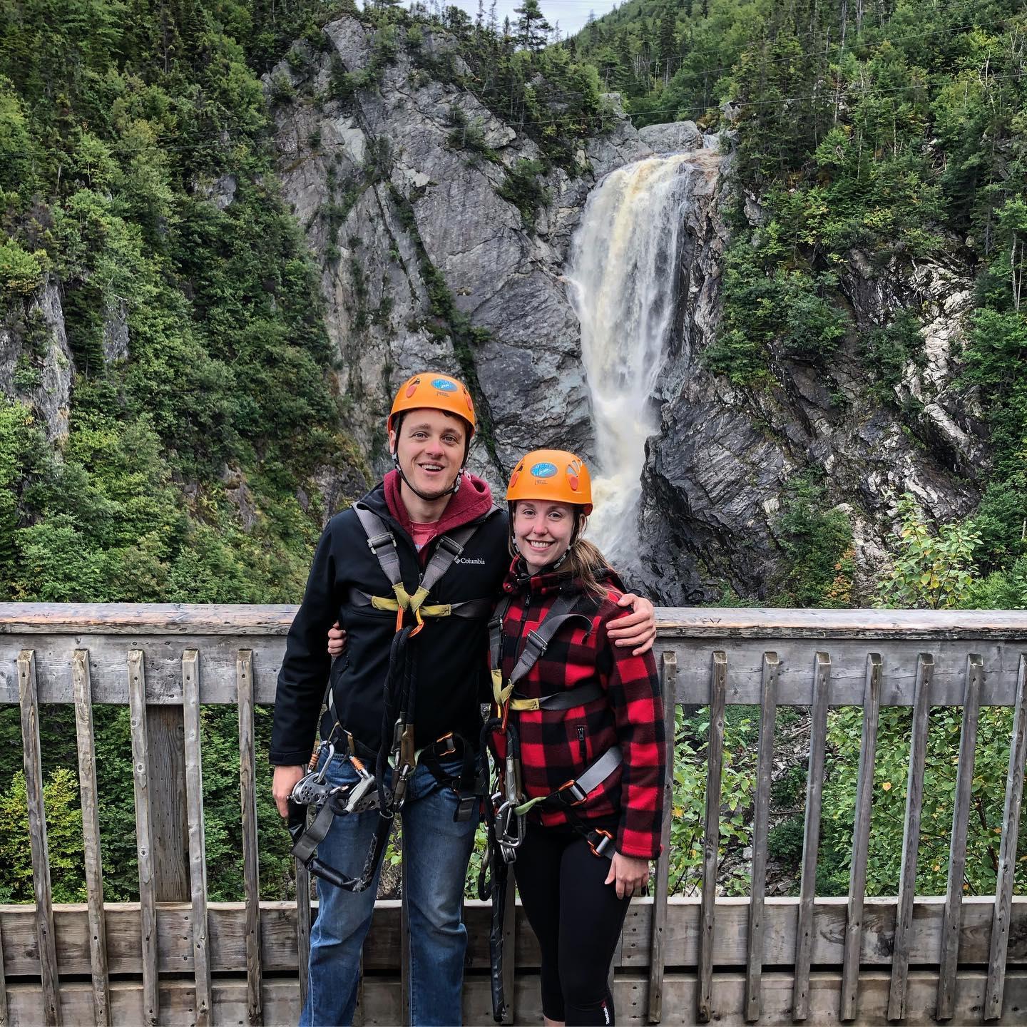 In front of Steady Brook Falls before ziplining.