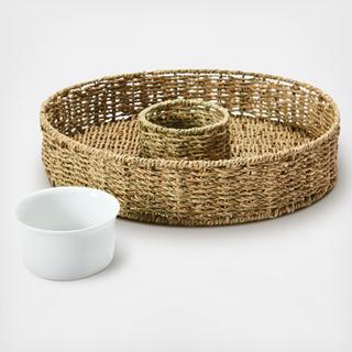 Hand-Woven Seagrass Chip & Dip Ceramic Bowl, Set of 2