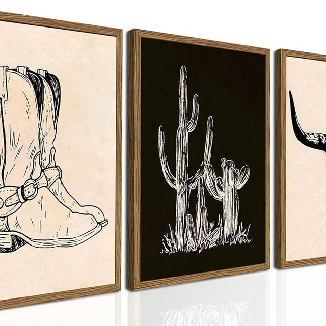 Vintage Western Wall Art Set of 3, Southwestern Cowboy Wall Decor Paintings, Black and White Longhorn Bull Skull Canvas Prints for Bedroom Living Room 16x24 inch Wood Framed