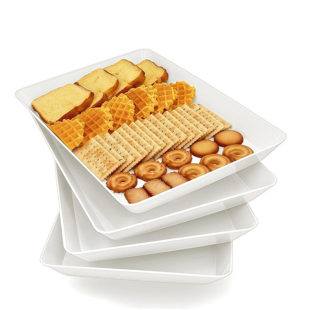AMGBZT Serving Tray Platter, 4 Pack Food Tray for Veggie Fruit Snack Dessert Cookie Cheese, Food Trays for Party Supplies Display, Plastic Platters for Serving Food, Large White Trays, BPA Free