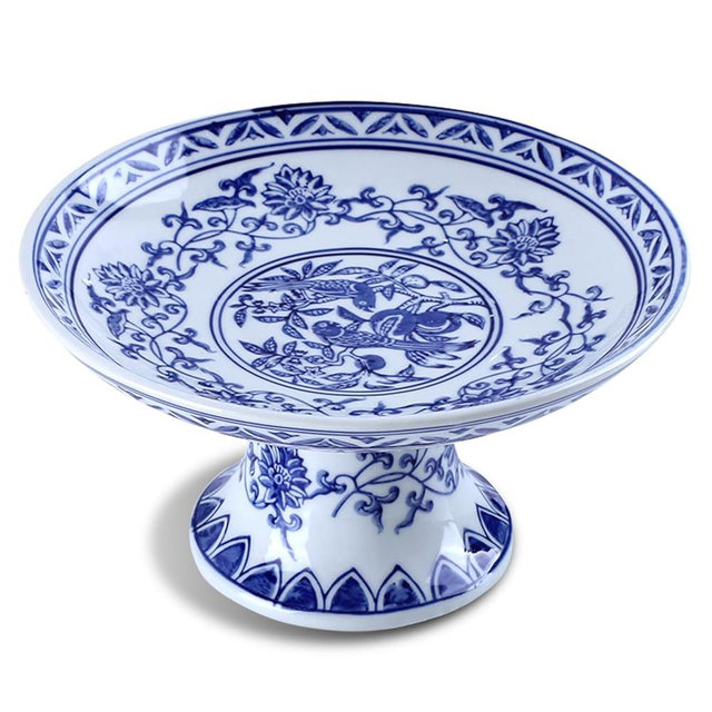 Xiholeruf 7.8" Blue and White Porcelain Fruit Bowl, Decorative Bowl with High Pedestal, Ceramic Pedestal Bowl for Dining Decor, Fruit Basket Stand for Kitchen Island Centerpiece, Vegetable Holder