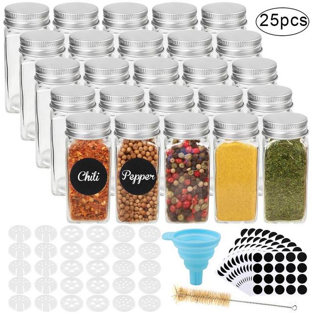 CUCUMI 25pcs 4oz Glass Spice Jars Square Glass Spice Jars with 30pcs Shaker Lids 1pcs Silicone Collapsible Funnel 200pcs Blank Round Waterproof Labels 1pcs Test Tube Brush