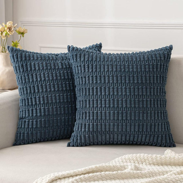 MIULEE Pack of 2 Corduroy Decorative Throw Pillow Covers 20x20 Inch Soft Boho Striped Pillow Covers Modern Farmhouse Home Decor for Sofa Living Room Couch Bed Blue