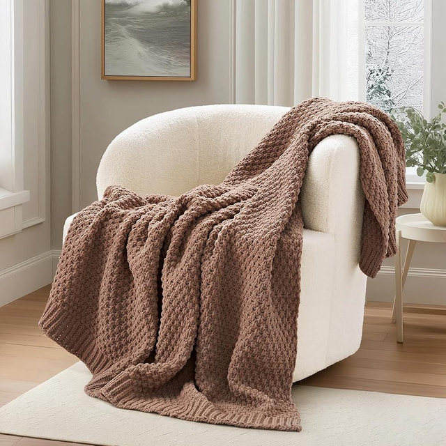EVERGRACEHOME Chunky Chenille Knit Throw Blanket for Couch, Soft Luxurious Moss Stitch Blankets for Bed, Cozy Decorative Farmhouse Knitted Throws for Sofa, Terracotta Clay, 50" x 60"