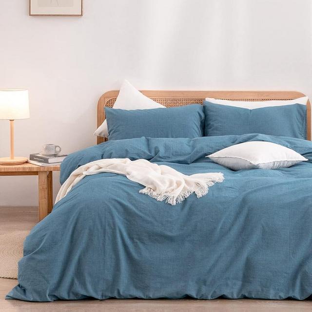 BESTOUCH Duvet Cover Set 100% Washed Cotton Linen Feel Super Soft Comfortable Chic Lightweight 3 PCs Home Bedding Set Solid Dark Blue Queen