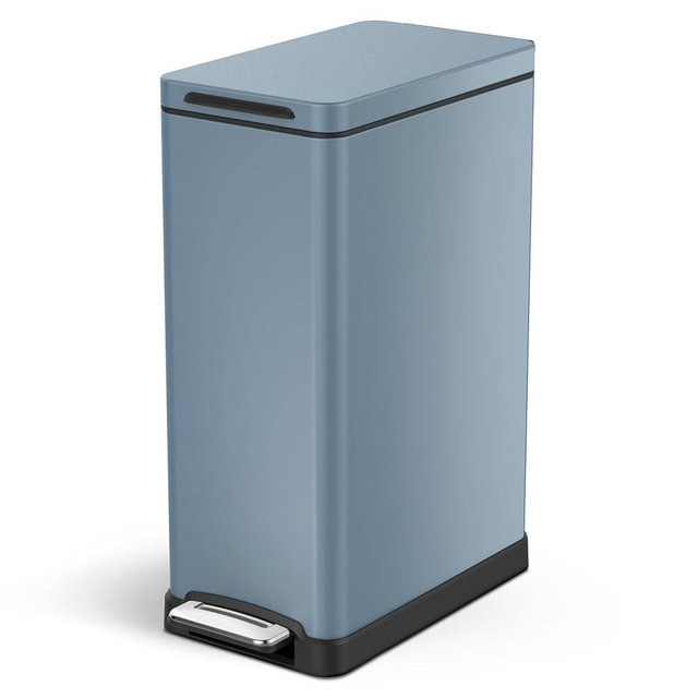 Home Zone Living 12 Gallon Slim Kitchen Trash Can with Soft Close Lid, Step Pedal, Bag Tuck Band, and Removable Liner, Stainless Steel, Midnight Blue, 45 Liters