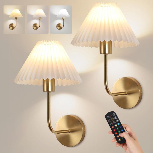 Wireless Wall Sconce Sets of 2, Pleated Shades Rechargeable Battery Operated Wall Sconce, Retro Industrial Gold Wall Lights Bathroom Vanity Sconces, Wall Mounted Lamps for Bedroom Living Room Kitchen