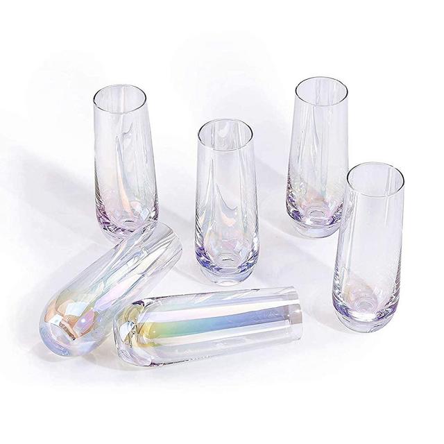 SUNNOW Vastto 10 Ounce Iridescent Stemless Champagne Flute Glass,Toasting Glass for Wedding and Party,Set of 6 (iridescent)