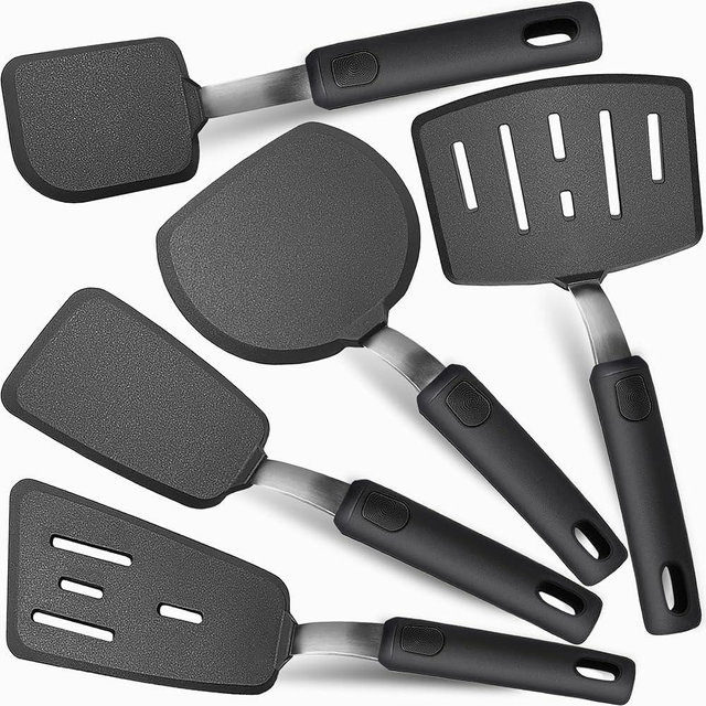 Silicone Spatula Set for Nonstick Cookware, Mixed 5 Piece 600°F Heat-Resistant Kitchen Cooking Utensils Set for Egg,Pancake,Burger - Entire Stainless Steel Core with Silicone, Dishwasher Safe,Black