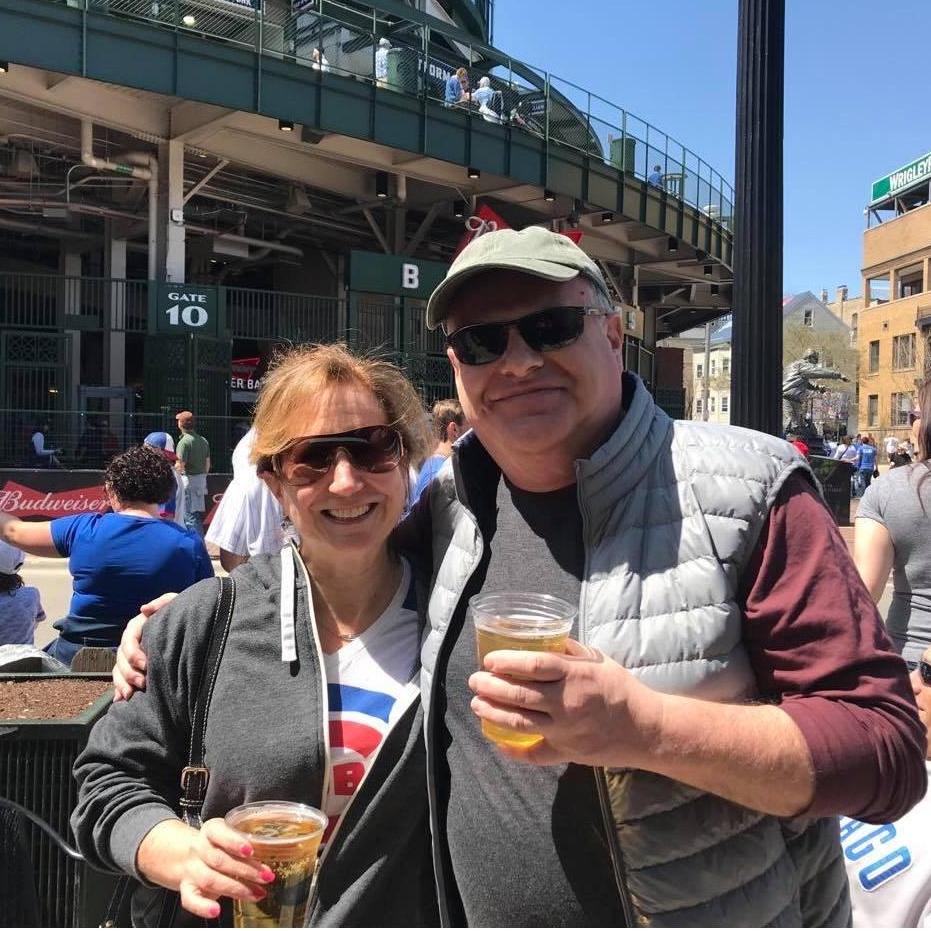 April 2019 Jim's first baseball game...we're outside of Wrigley at Murphy's Bleachers...and the Cubs win (of course!)