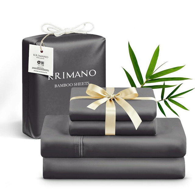 KRIMANO King Size Sheet Set, Bamboo Sheets for Bed Set 4pcs, 100% Organic Viscose Derived from Bamboo, Hotel Luxury Silky & Cooling for Hot Sleepers, Deep Pocket Up to 17", Grey