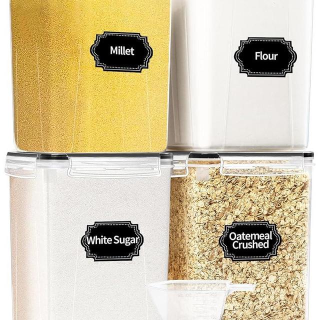 HKJ Chef 4 Pack Large Airtight Food Storage Containers with Lids (5.2L / 176oz), BPA Free Plastic Kitchen and Pantry Organization Contianers for Cereal and Flour- Labels & Measuring Cup & Marker
